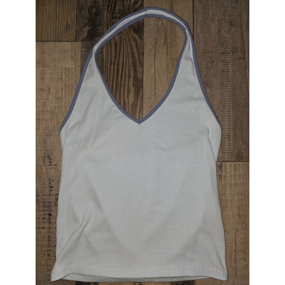 American Eagle Women Light Blue Ribbed Halter Top V-Neck Sleeveless Small
